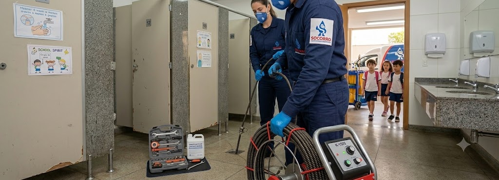 Profissional realizando Desentupimento e Manutenção Preventiva para Escolas, Colégios e Creches em Balneário Camboriú