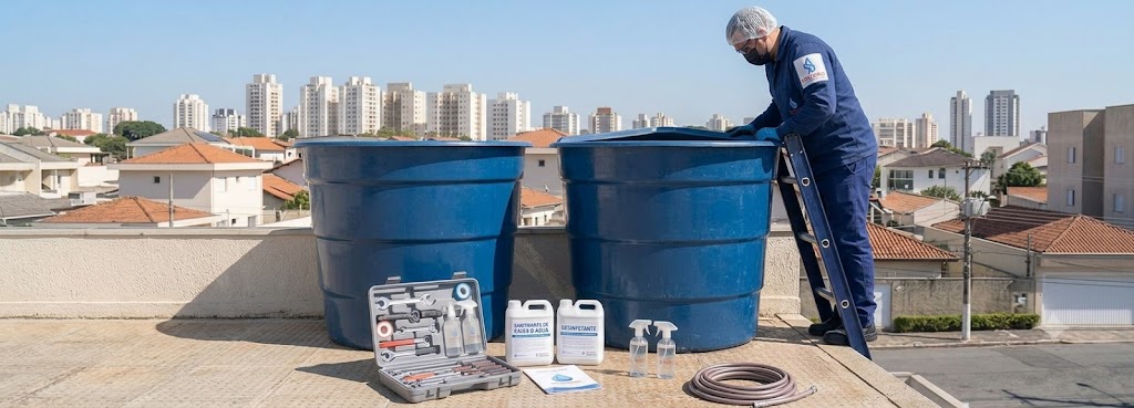 Profissional realizando Imunização e Desinfecção Bacteriológica de Caixas D'água em Balneário Camboriú